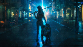 Woman sword rain dog cyberpunk - a street in the rain free wallpaper