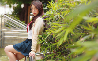 Woman sitting plant stairs parkschool - ayako rokkaku free wallpaper for desktop
