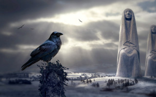 Bird stump fantasy statues crow - bastien lecouffedeharme free wallpaper