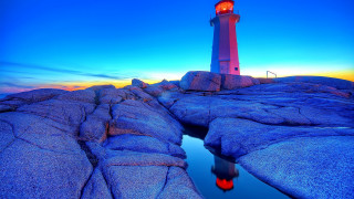 Lighthouse rocky shore sunset reflection 2 - a lighthouse free wallpaper