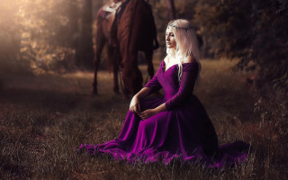 Woman purple dress horse forest - a man in the background free wallpaper for desktop