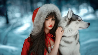Red dress husky snowy forest - husky free wallpaper