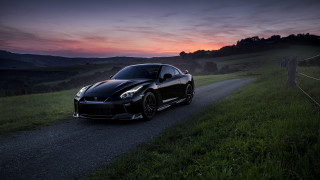 Black sports car sunset road 3 - fine art free wallpaper