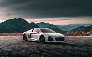 White sports car mountains cloudy - cubofuturism free wallpaper