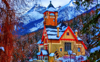 House tower snowy mountains autumn - a house free wallpaper