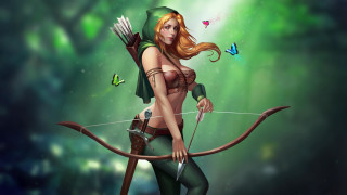 Fantasy archer butterfly green background - her hand and a butterfly free wallpaper