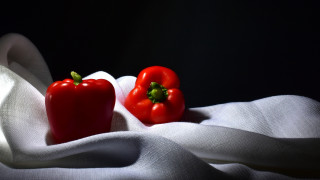 Red peppers white tablecloth black - table cloth free wallpaper