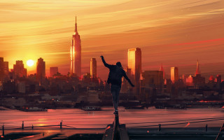Cityscape sunset ledge person bird - a ledge free wallpaper for desktop
