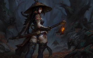 Woman sword forest lantern fantasy - a sword in a forest free wallpaper