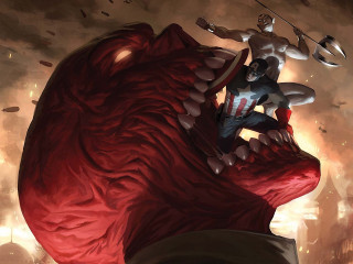 Man riding giant red monster - the back free wallpaper