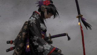 Woman kimono swords cloudy sky - a cloudy sky behind her free wallpaper