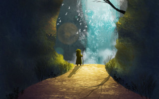 Tunnel tree waterfall bird fantasy - a tunnel free wallpaper