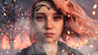 Woman fire embers lantern sunset - her face and hair free wallpaper