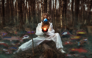 Woman white dress light forest - dystopian art free wallpaper