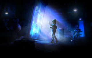 Woman hologram cyberpunk microphone glowing - key art free wallpaper