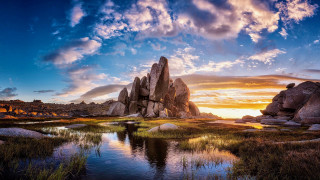 Sunset rocky landscape pond grass - a few rock free wallpaper