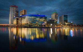 City skyline night water blue - modernism free wallpaper