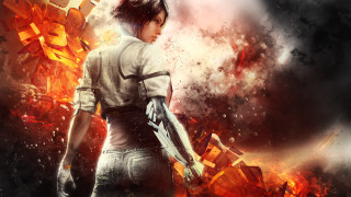 Woman fire ice gloves sword - a gun in front free wallpaper