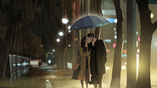 Couple kissing umbrella rain city - edward hopper and james gilleard free wallpaper