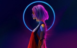 Woman red cape neon circle - synthwave style free wallpaper