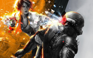 Woman gun man futuristic suit - a futuristic background free wallpaper