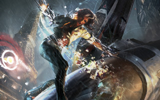 Futuristic man suit gun explosion 2 - huge free wallpaper