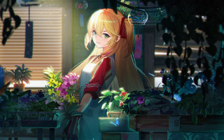 Girl blonde holding flower indoor - a room free wallpaper