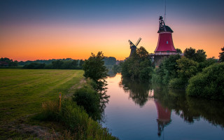 Windmill river sunset reflection romantic - a windmill free wallpaper