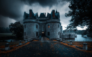 Gothic castle moonlit lake night - a castle free wallpaper