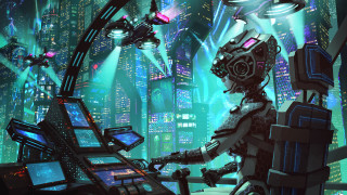 Futuristic robot city night neon - cyberpunk city free wallpaper