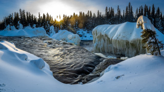 Snowy forest river ice mountains - rock free wallpaper