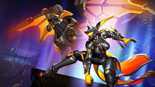 Robots stage city skyline glowing - a bright background free wallpaper