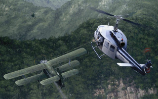 Helicopter forest flying matte painting - a helicopter free wallpaper