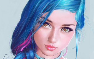 Blue hair pink hair bow - a digital painting of a woman free wallpaper