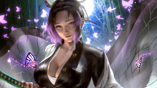 Purple butterfly woman haori katana - her hand and a butterfly free wallpaper
