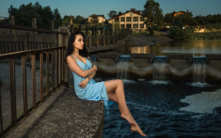 Blue dress woman river bridge - a ledge next free wallpaper