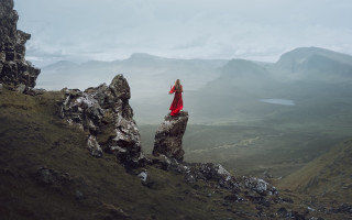 Woman red dress mountains valley - elsa bleda free wallpaper