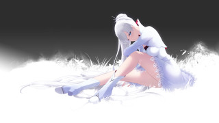 White dress woman sitting minimalism - white hair free wallpaper