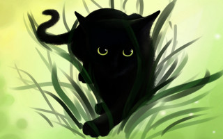 Black cat glowing eyes gothic 2 - green leaf and grass free wallpaper
