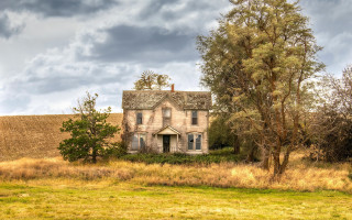 House tree field cloudy sky - a tree in front free wallpaper