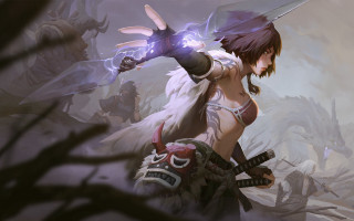 Woman sword demon fantasy armor 2 - her hand and a demon in the background free wallpaper