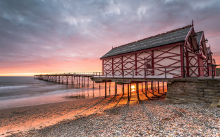 Red beach building sunset pier - a pier in the background free wallpaper