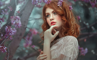 Woman redhair whitedress cherryblossoms cosplay - purple flower free wallpaper