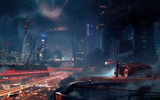 Futuristic city night car traffic - traffic free wallpaper
