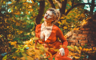 Woman red dress forest brick - fashion photoshoot free wallpaper