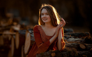 Woman smiling forest red dress - in a forest free wallpaper for desktop