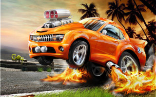 Car on fire man background - matte drawing free wallpaper