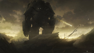 Giant robot field grass sky - a light beam free wallpaper
