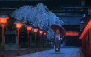 Woman red umbrella night lanterns - ufotable free wallpaper