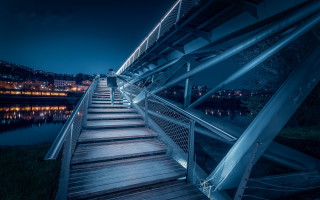 Wooden walkway lake night cityscape - a wooden walkway free wallpaper